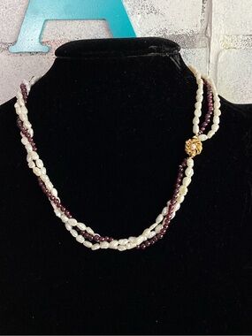 Vintage Multi Strand Garnet and Freshwater Pearl Layered 20" Long Necklace